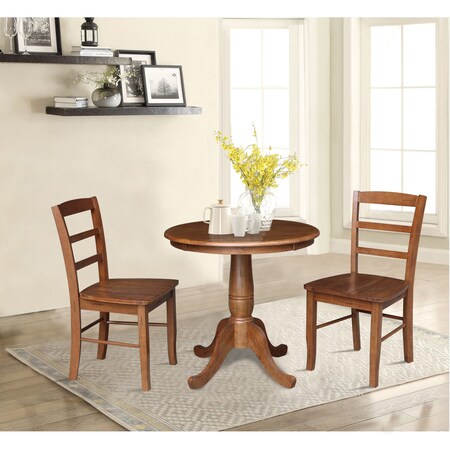 International Concepts 30 in. Round Pedestal Dining Table with 2 Madrid LadderBack Chairs K42-30RT-C2-2